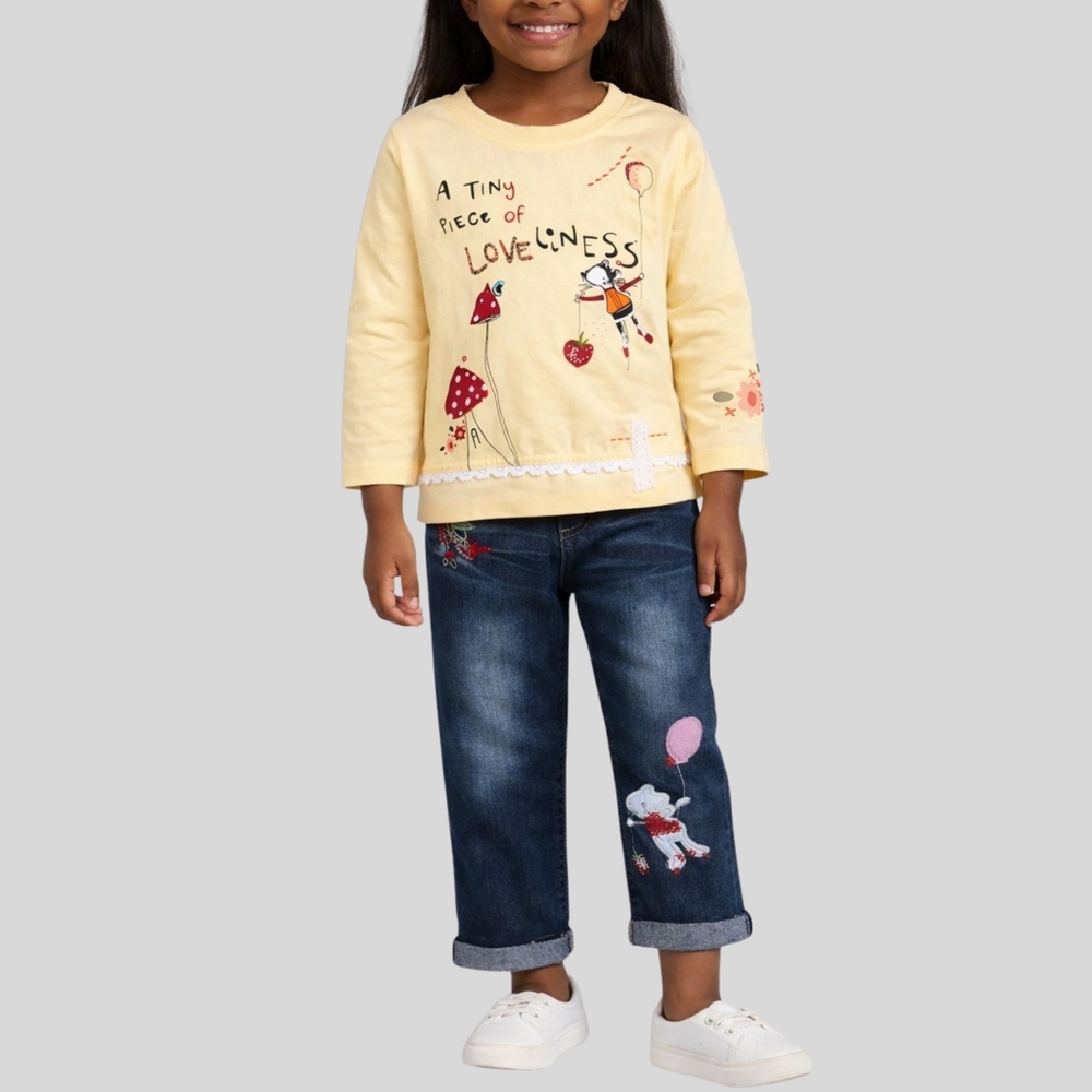 URMAGIC Girls 2-Piece Outfit Size 5–6Y Yellow Graphic Tee + Embroidered Jeans